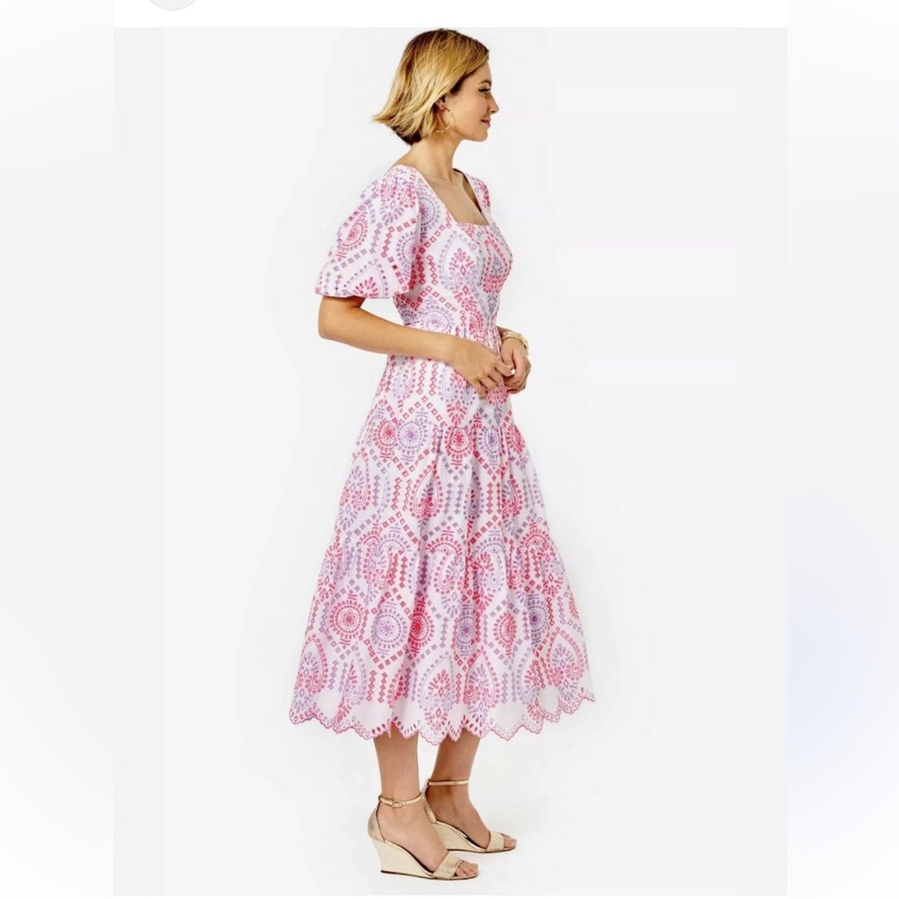Lilly Pulitzer Pink Eyelet Midi Dress with Puff Sleeves - Picture 4 of 6